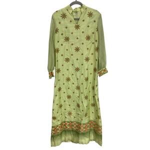 Vintage Alfred Shaheen Maxi‎ Dress Women's 12 Border Print Mod Lined Green